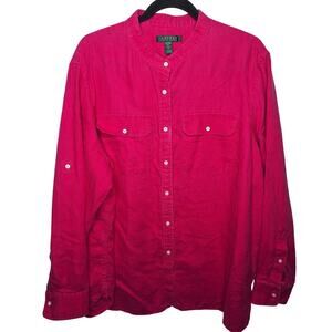 Ralph Lauren 100% Linen Button Down Shirt 2X Hot Pink Roll Tab Sleeve Tab Collar